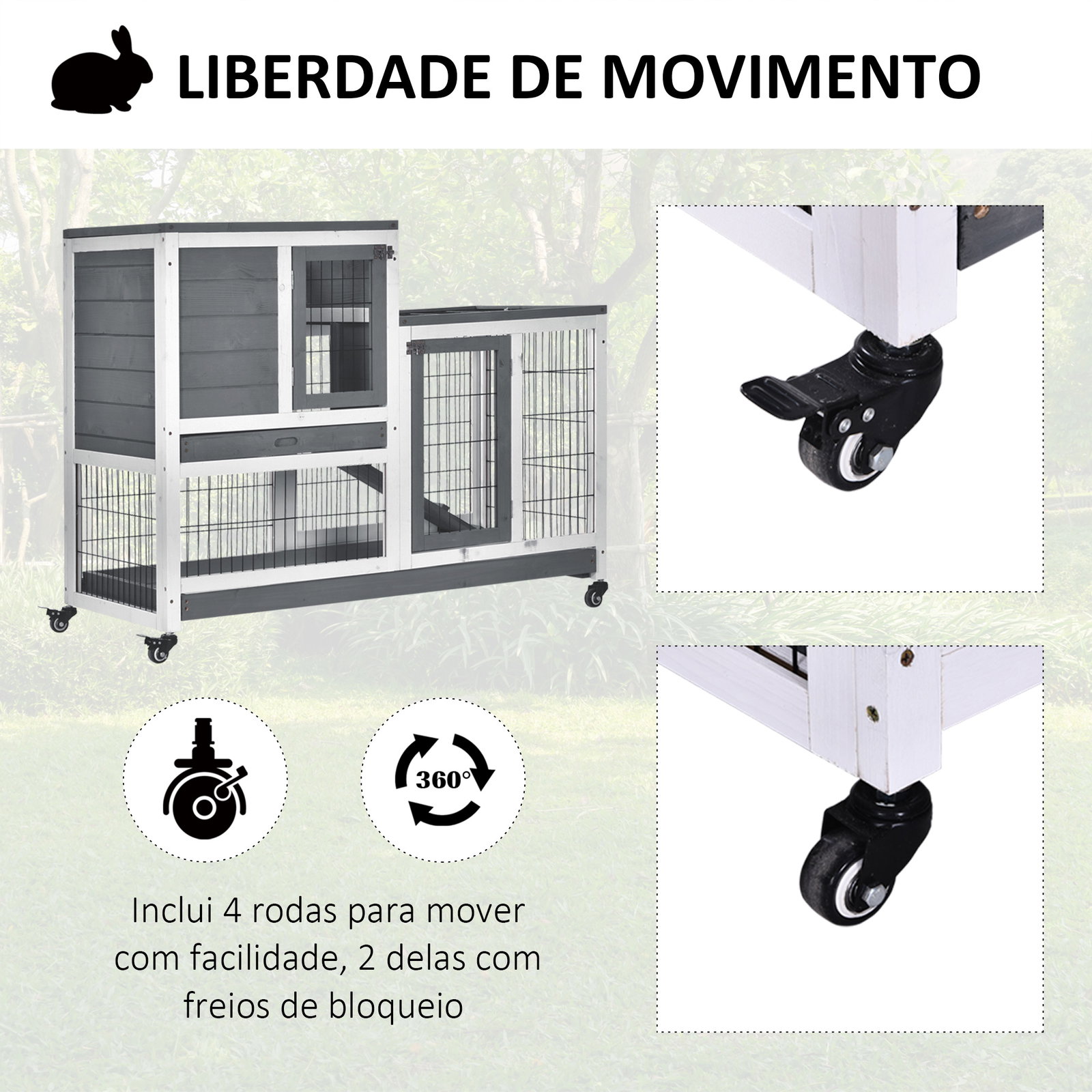 Coelheira de Madeira Interior com Rodas Gaiola para Coelhos Animais Pequenos de 2 Pisos com Zona Aberta Rampa e 2 Bandejas Remov