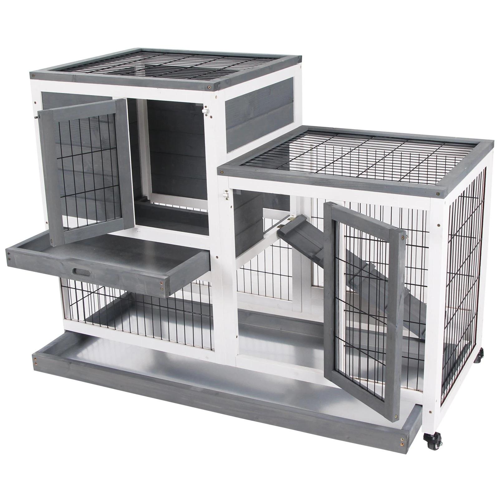Coelheira de Madeira Interior com Rodas Gaiola para Coelhos Animais Pequenos de 2 Pisos com Zona Aberta Rampa e 2 Bandejas Remov