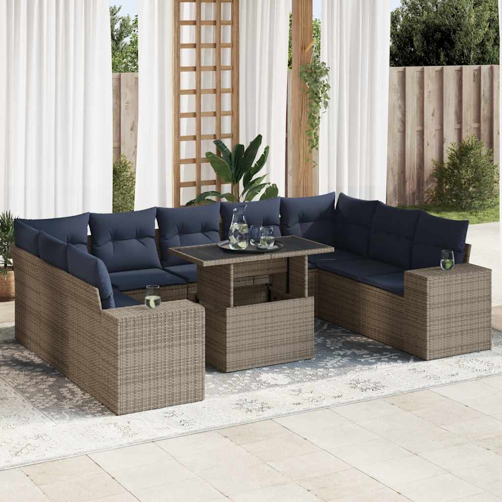 10 Pcs conjunto sofás jardim almofadões vime PE/acácia cinzento