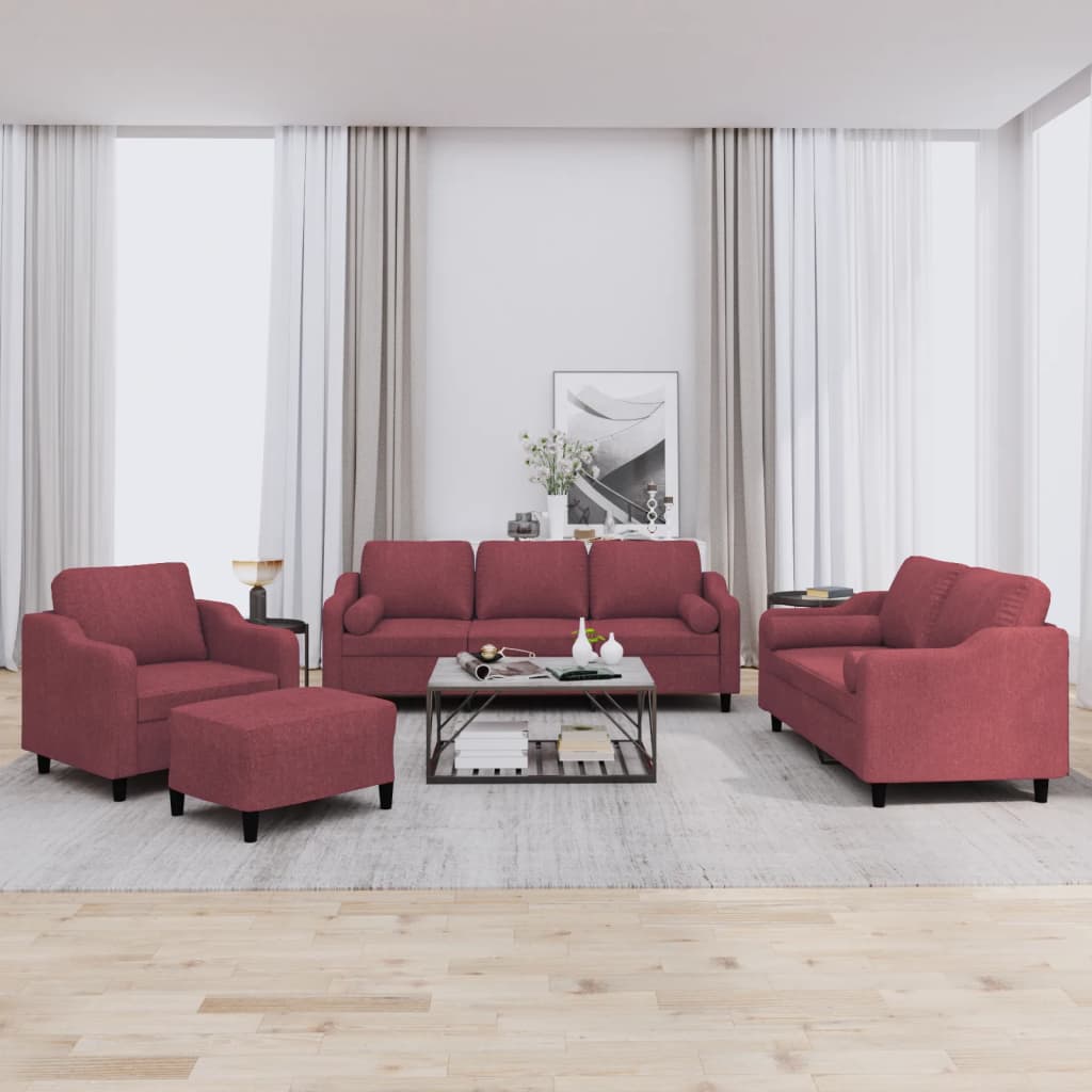 4 Pcs conjunto de sofás com almofadas tecido vermelho-tinto