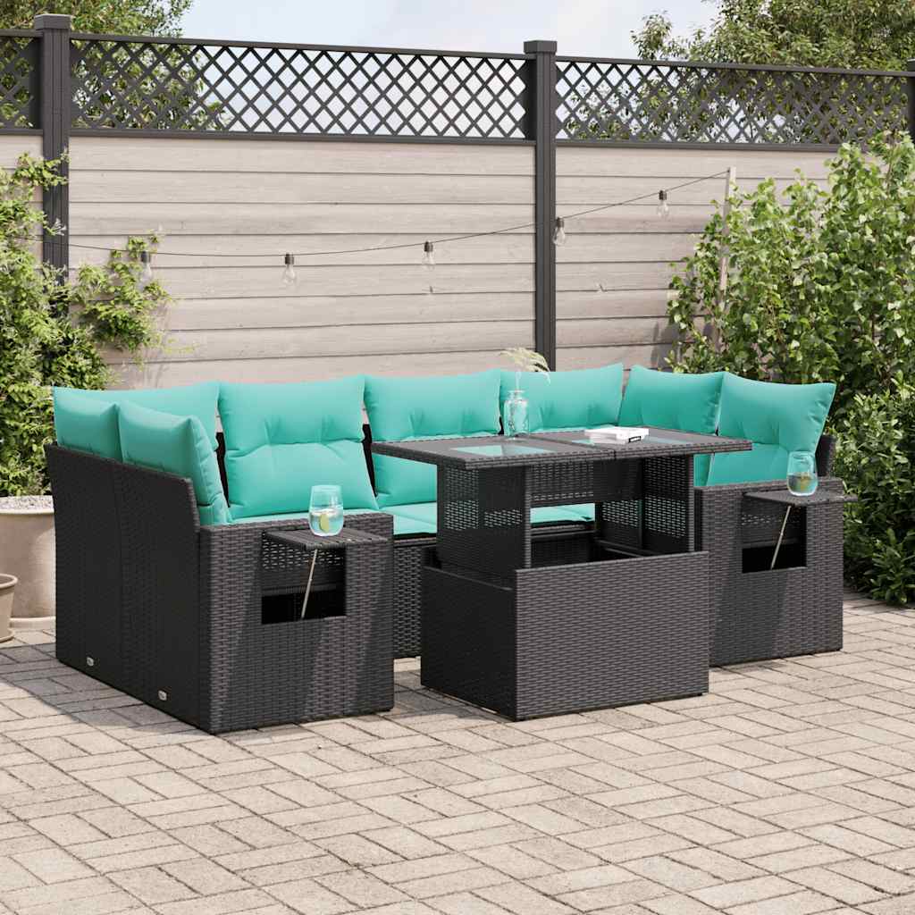 7 Pcs conj. sofás jardim c/ almofadões vime PE/acácia preto