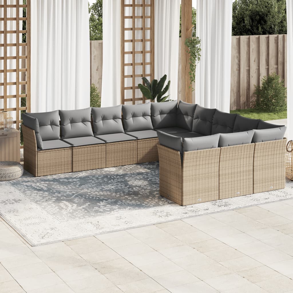 11 Pcs conjunto sofás de jardim c/ almofadões vime PE bege