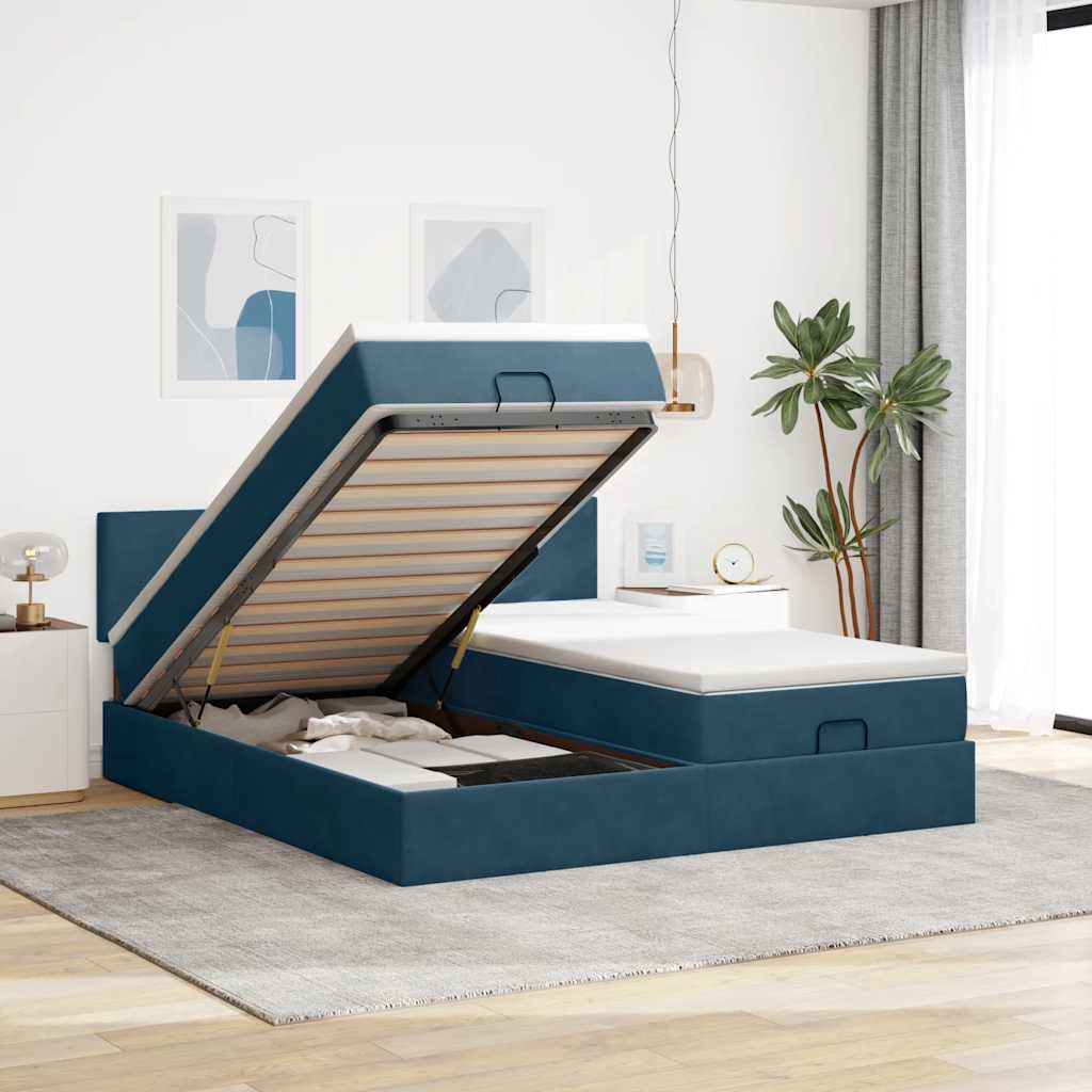 Estrutura de cama otomana com colchão azul escuro veludo