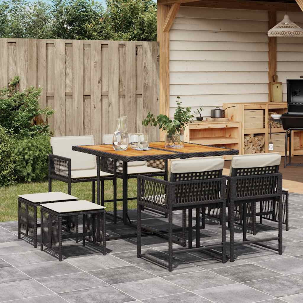 9 Pcs conjunto de jantar p/ jardim c/ almofadões vime PE preto