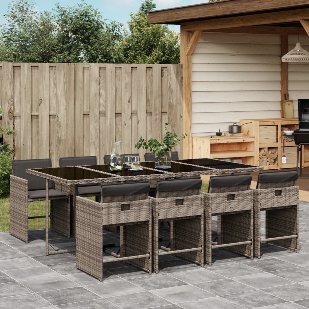 9 Pcs conjunto de jantar p/ jardim c/ almofadões vime PE cinza