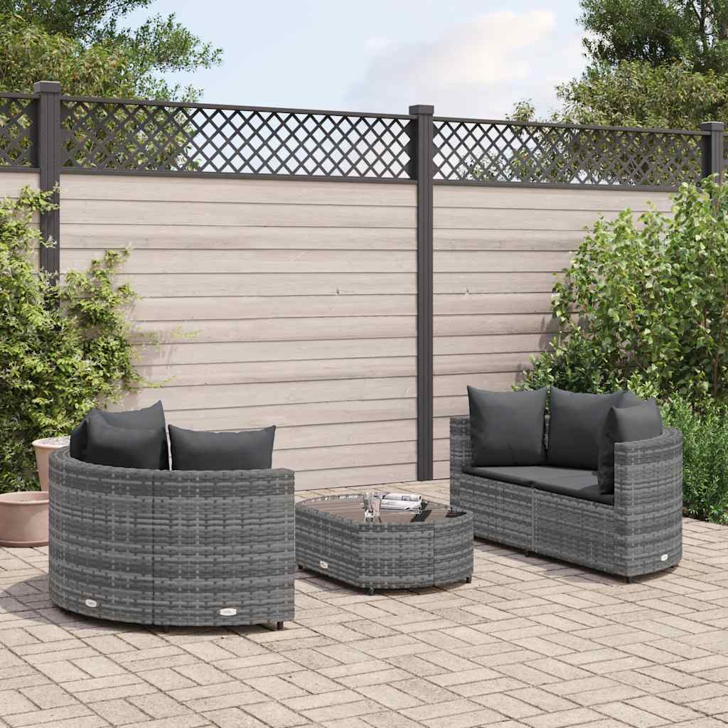 5 Pcs conjunto sofás de jardim c/ almofadões vime PE cinzento