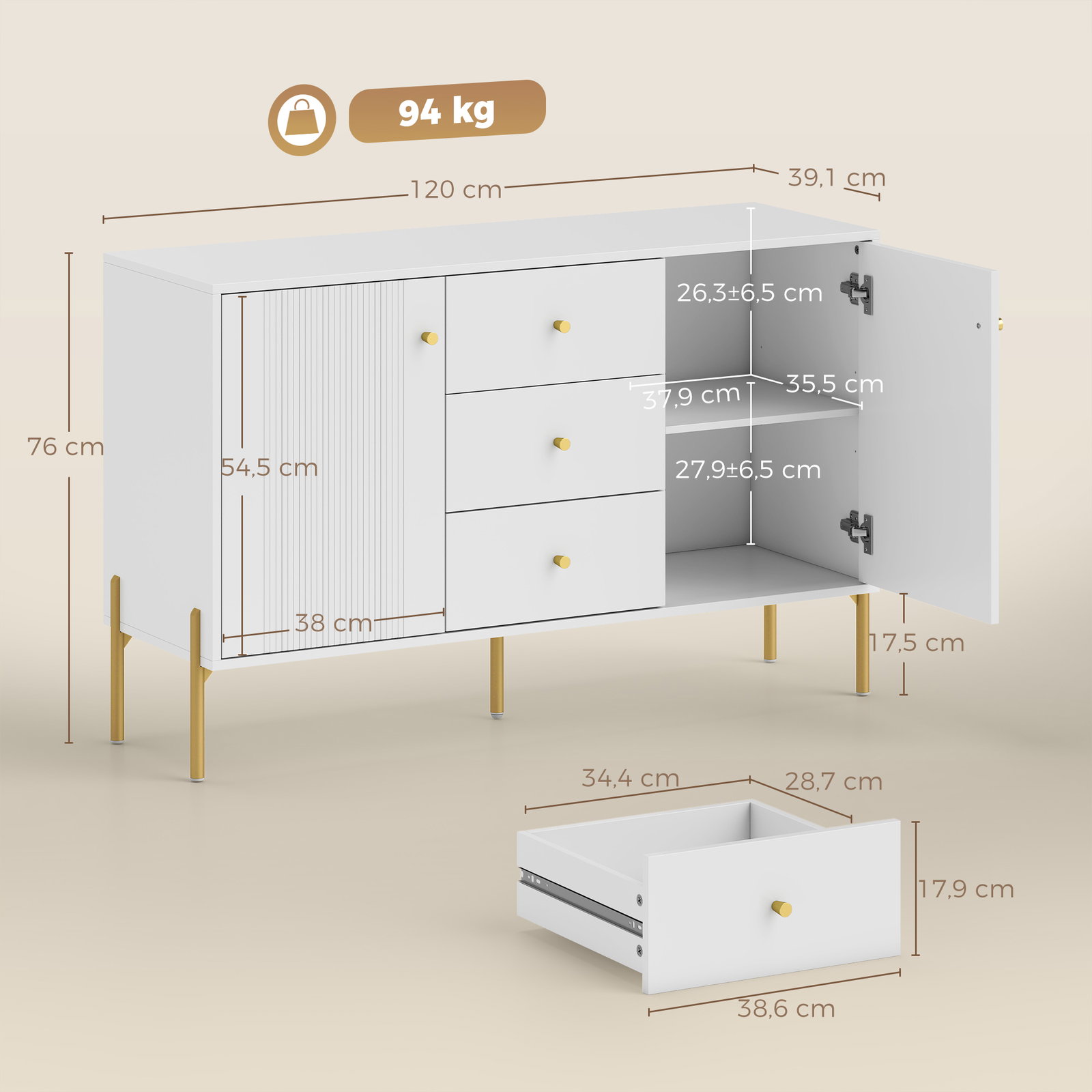 Aparador moderno de 2 portas aparador de sala com 3 gavetas prateleiras ajustáveis branco 120x39,1x76 cm