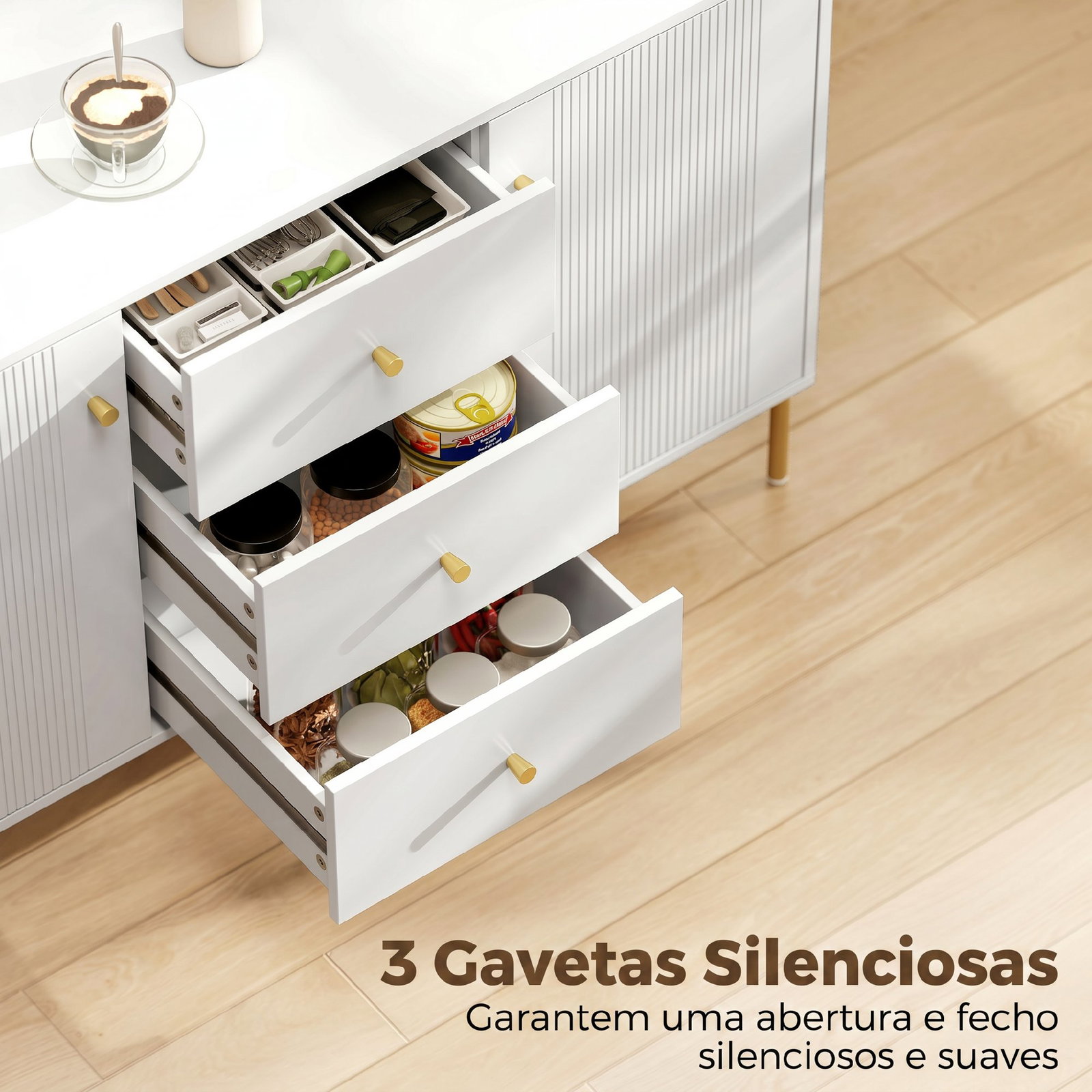 Aparador moderno de 2 portas aparador de sala com 3 gavetas prateleiras ajustáveis branco 120x39,1x76 cm