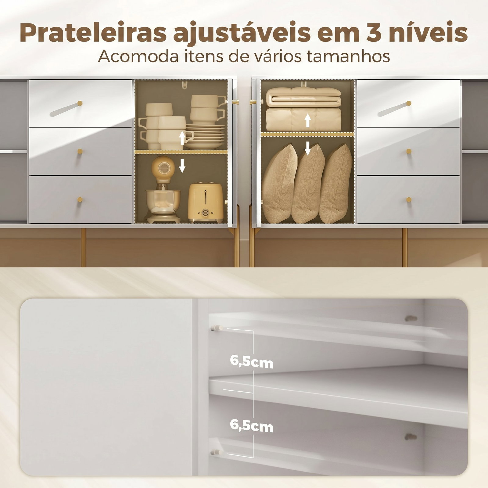 Aparador moderno de 2 portas aparador de sala com 3 gavetas prateleiras ajustáveis branco 120x39,1x76 cm