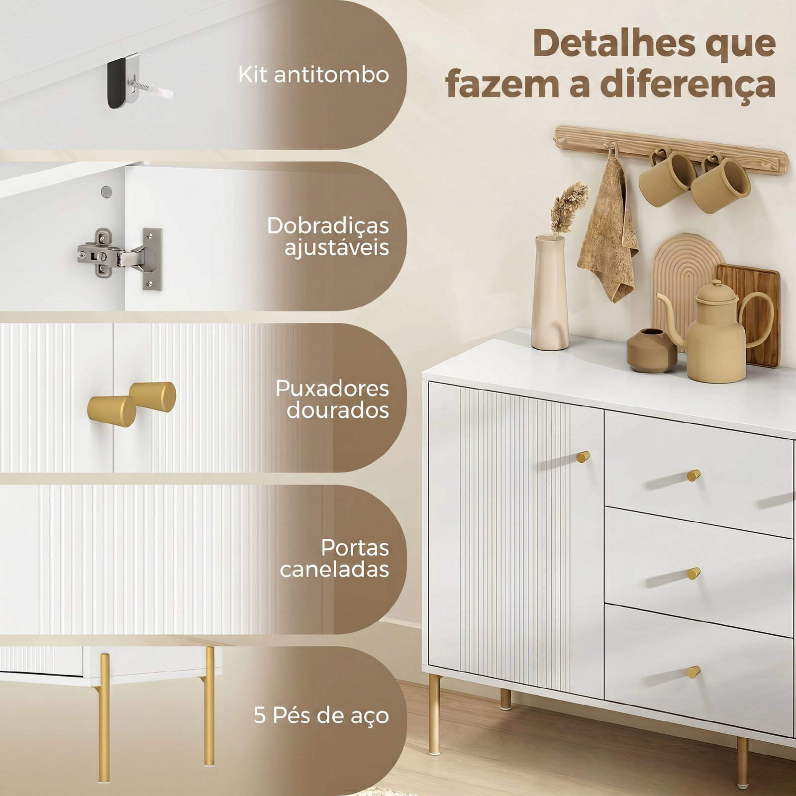 Aparador moderno de 2 portas aparador de sala com 3 gavetas prateleiras ajustáveis branco 120x39,1x76 cm