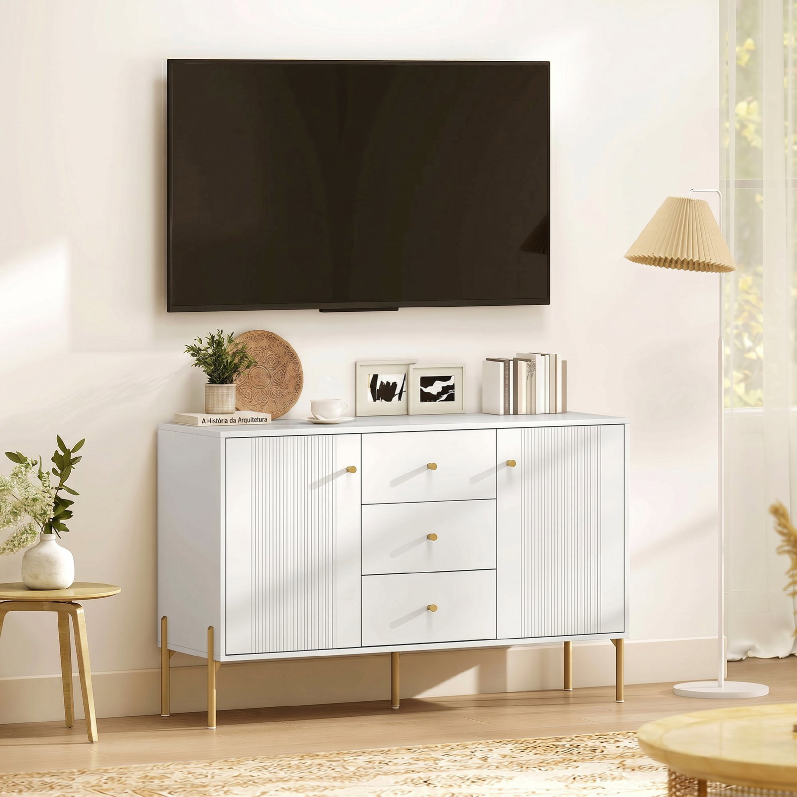 Aparador moderno de 2 portas aparador de sala com 3 gavetas prateleiras ajustáveis branco 120x39,1x76 cm