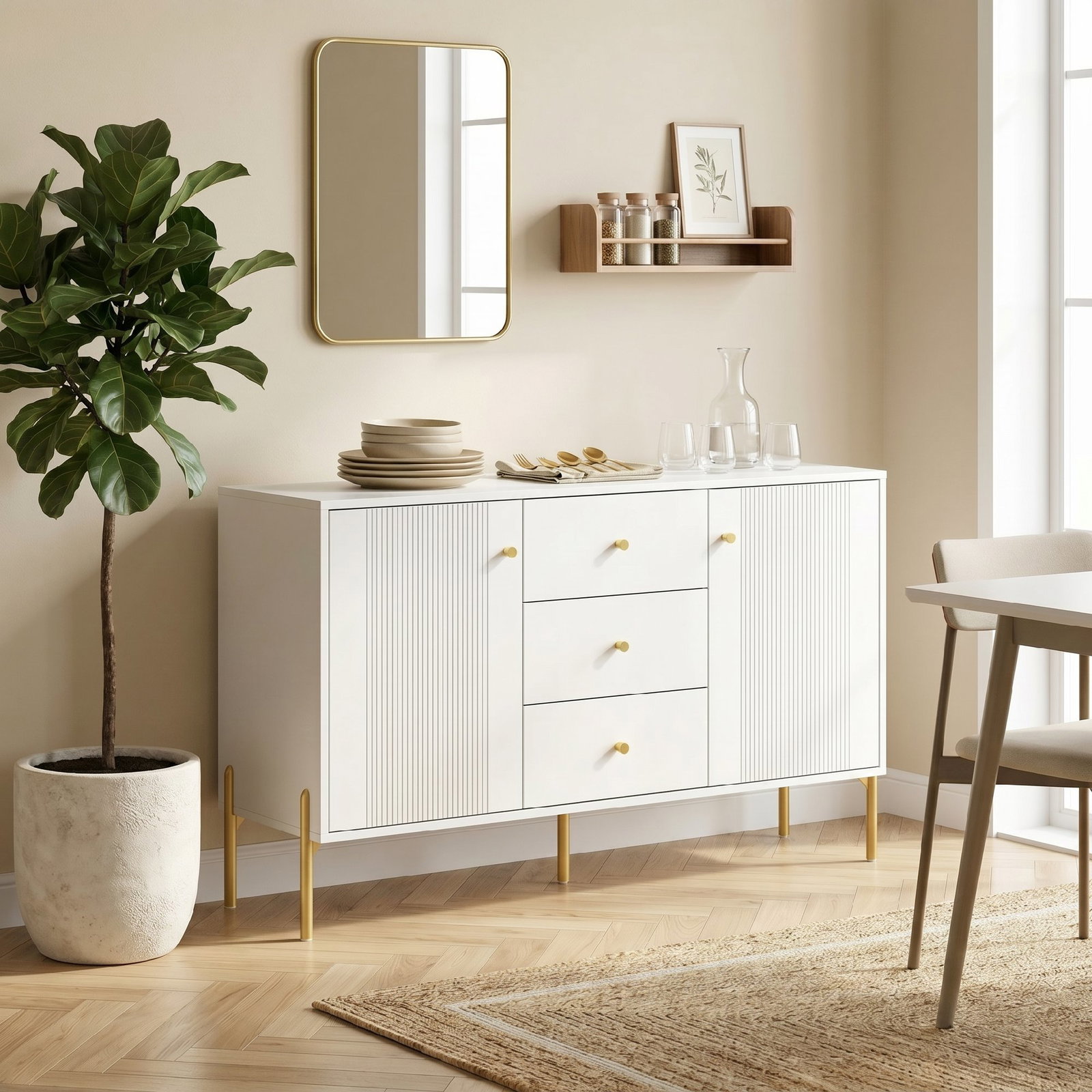 Aparador moderno de 2 portas aparador de sala com 3 gavetas prateleiras ajustáveis branco 120x39,1x76 cm