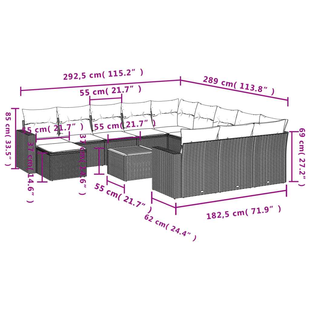 13 Pcs conjunto sofás p/ jardim c/ almofadões vime PE cinzento