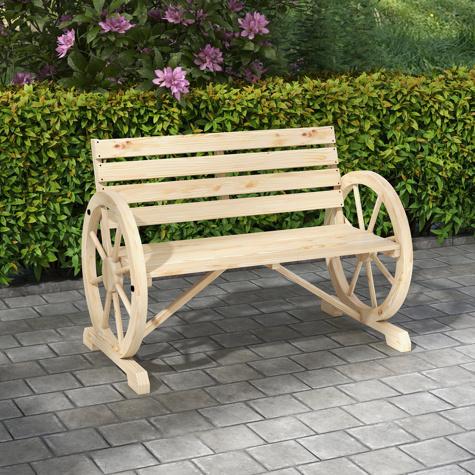 Banco de jardim de madeira com apoios em forma de roda para 2 pessoas 105,5x56x79 cm madeira