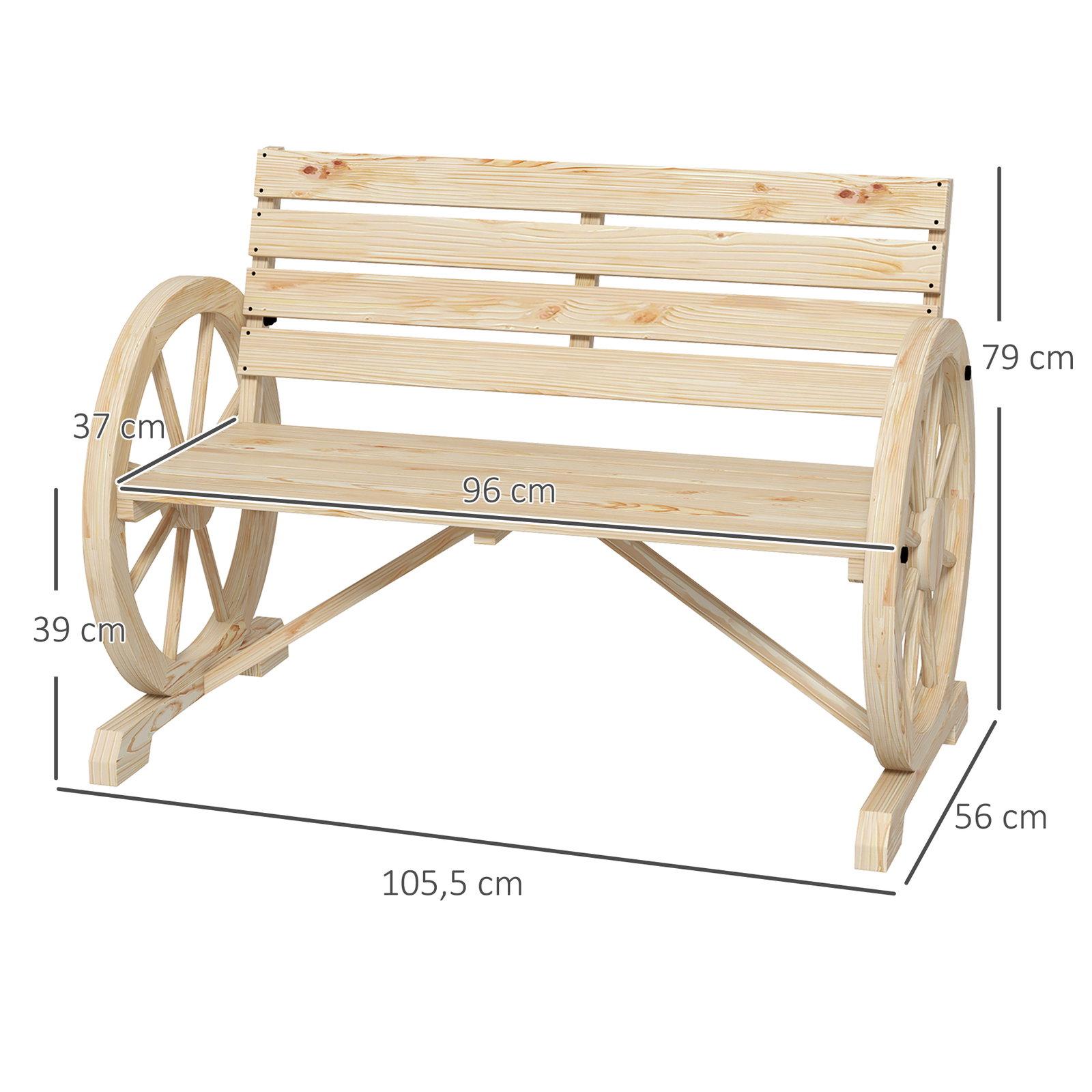 Banco de jardim de madeira com apoios em forma de roda para 2 pessoas 105,5x56x79 cm madeira