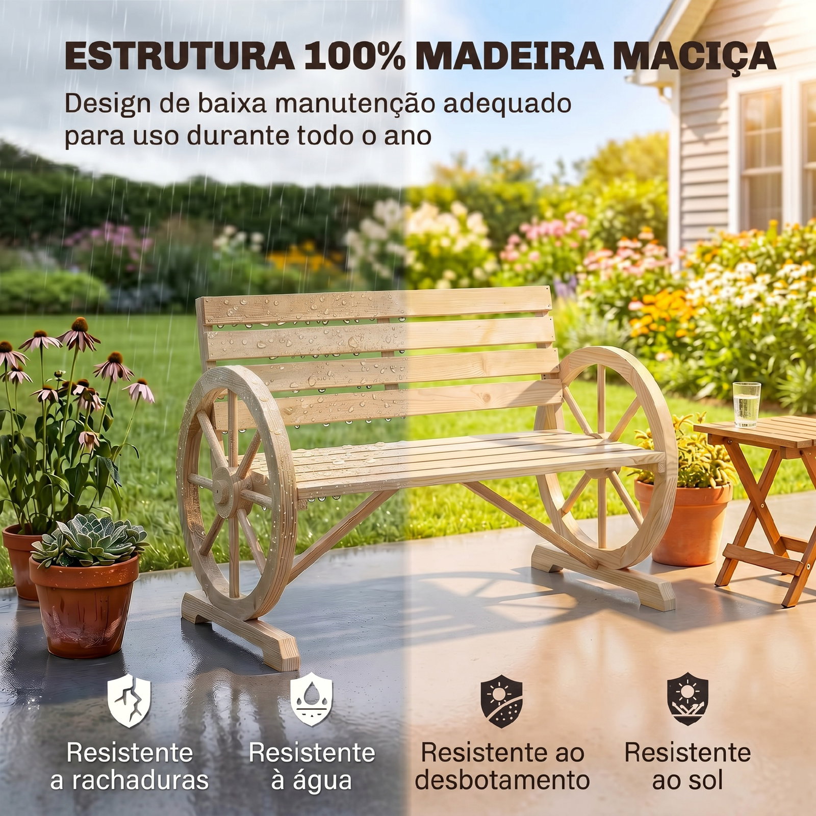 Banco de jardim de madeira com apoios em forma de roda para 2 pessoas 105,5x56x79 cm madeira