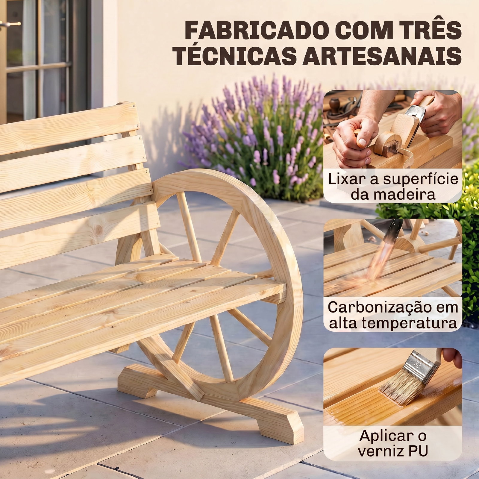 Banco de jardim de madeira com apoios em forma de roda para 2 pessoas 105,5x56x79 cm madeira