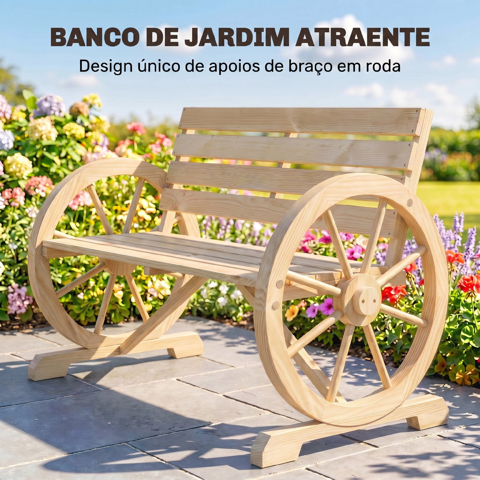 Banco de jardim de madeira com apoios em forma de roda para 2 pessoas 105,5x56x79 cm madeira
