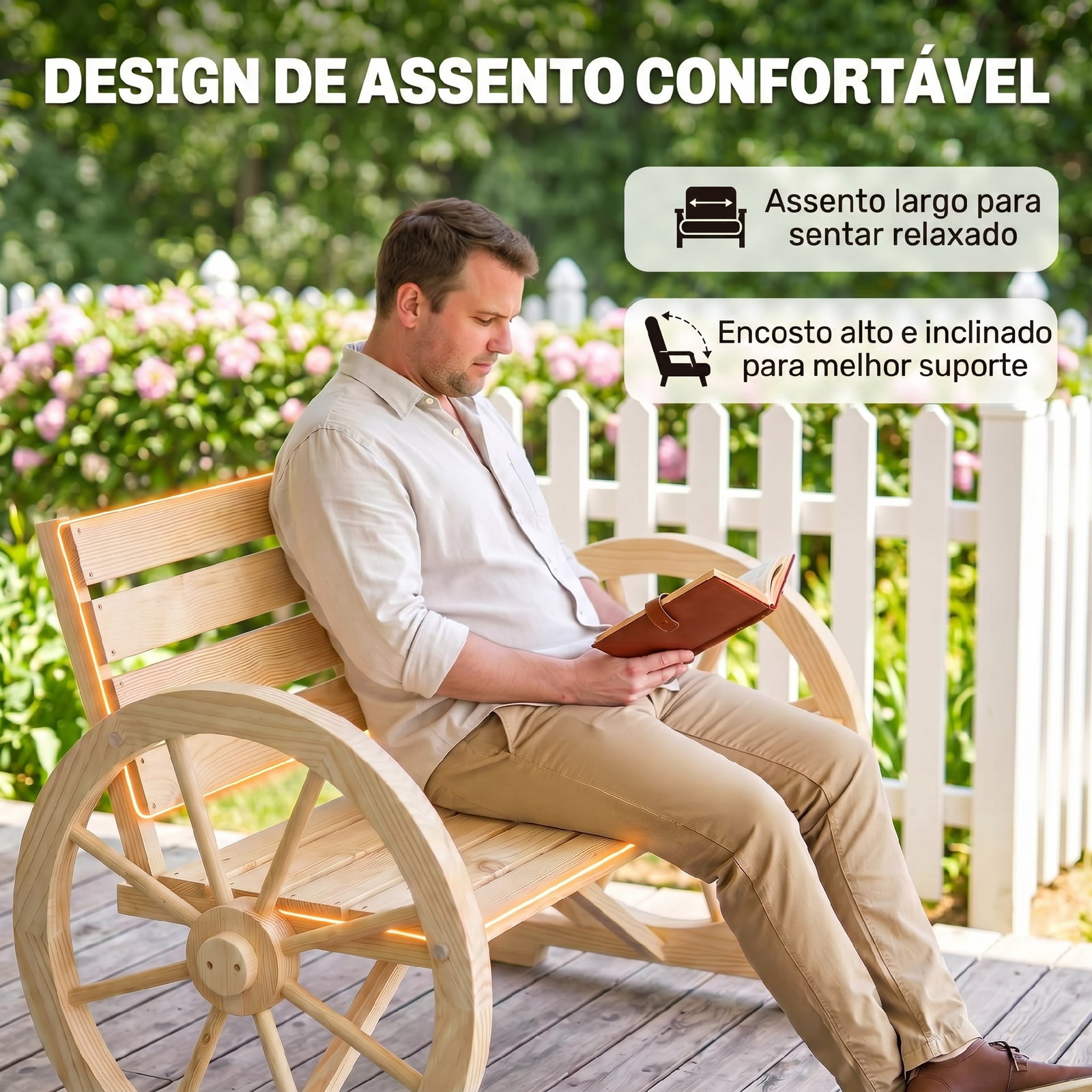 Banco de jardim de madeira com apoios em forma de roda para 2 pessoas 105,5x56x79 cm madeira
