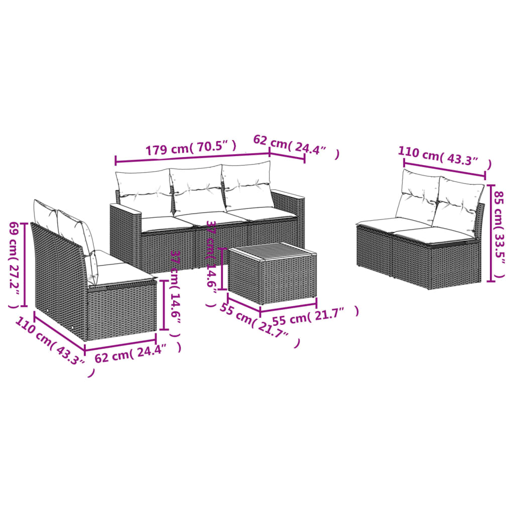 8 Pcs conjunto de sofás p/ jardim com almofadões vime PE bege