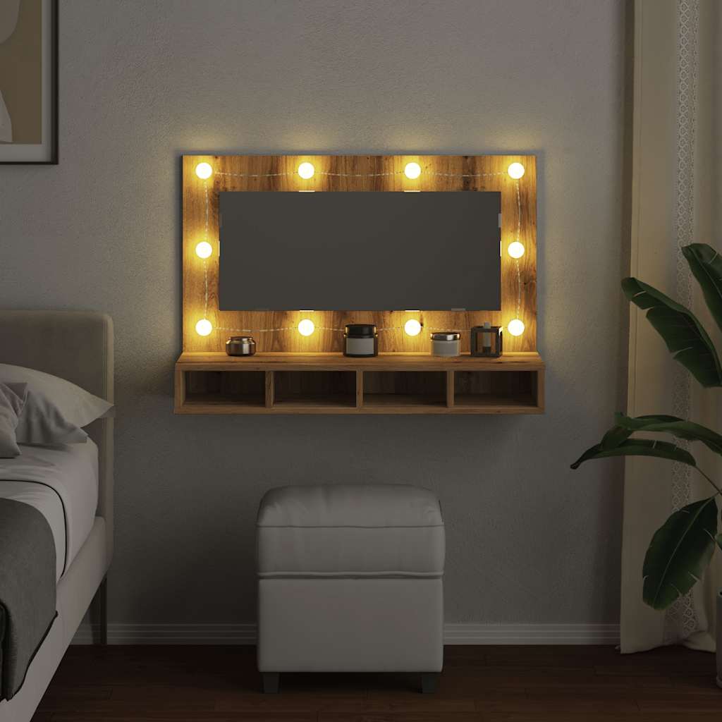 Armário com espelho com LED carvalho artesanal 90x31,5x62 cm
