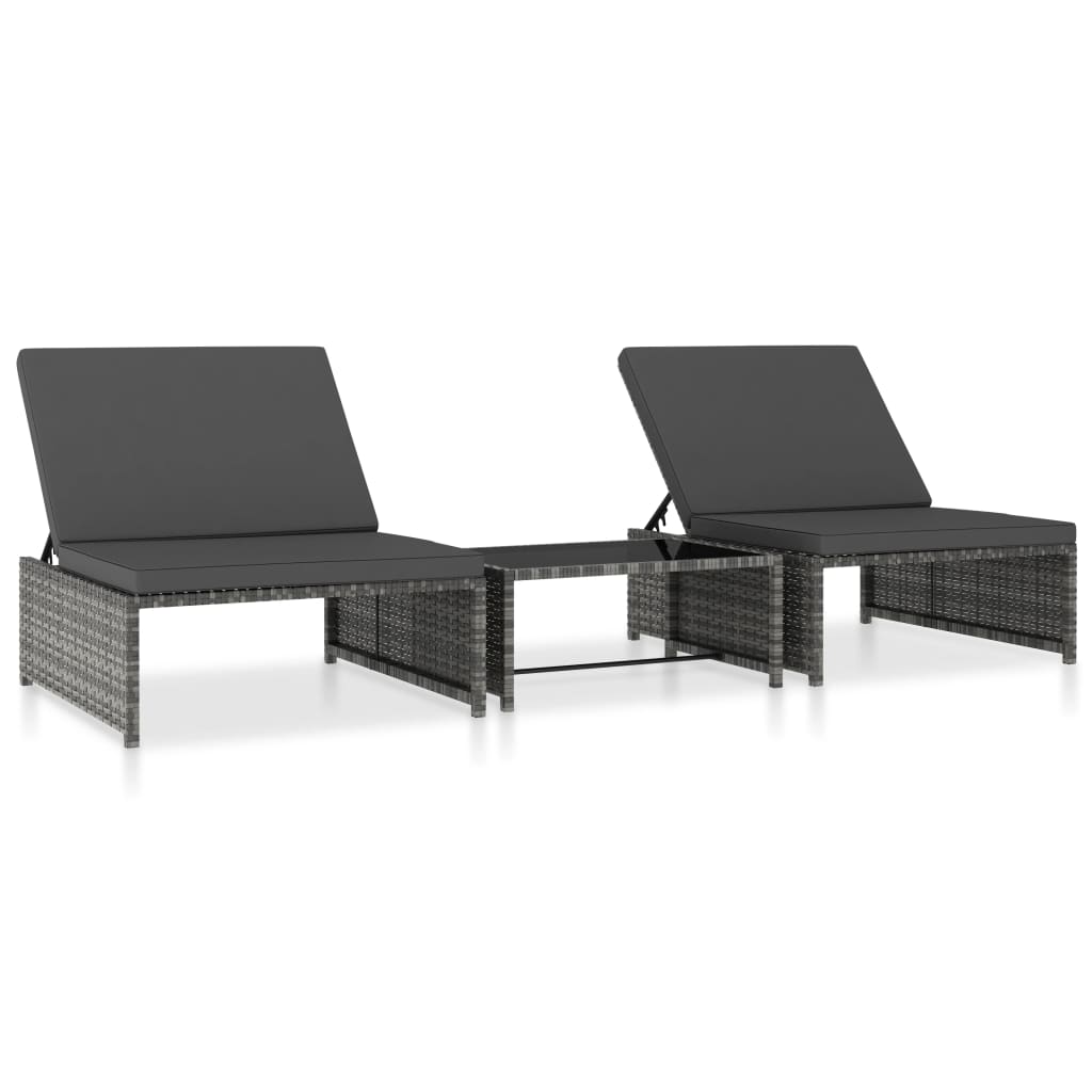 Cadeiras jardim reclináveis 2 pcs com mesa vime PE cinzento