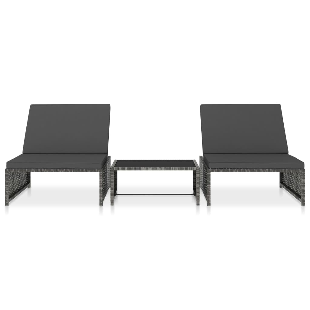 Cadeiras jardim reclináveis 2 pcs com mesa vime PE cinzento