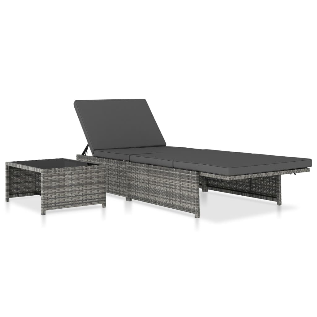 Cadeiras jardim reclináveis 2 pcs com mesa vime PE cinzento