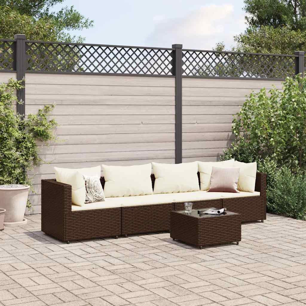 5 Pcs conjunto lounge jardim c/ almofadões vime PE castanho