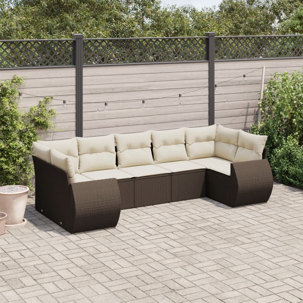 7 Pcs conjunto de sofás jardim c/ almofadões vime PE castanho