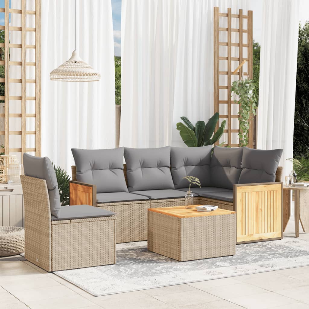 6 Pcs conjunto de sofás p/ jardim com almofadões vime PE bege