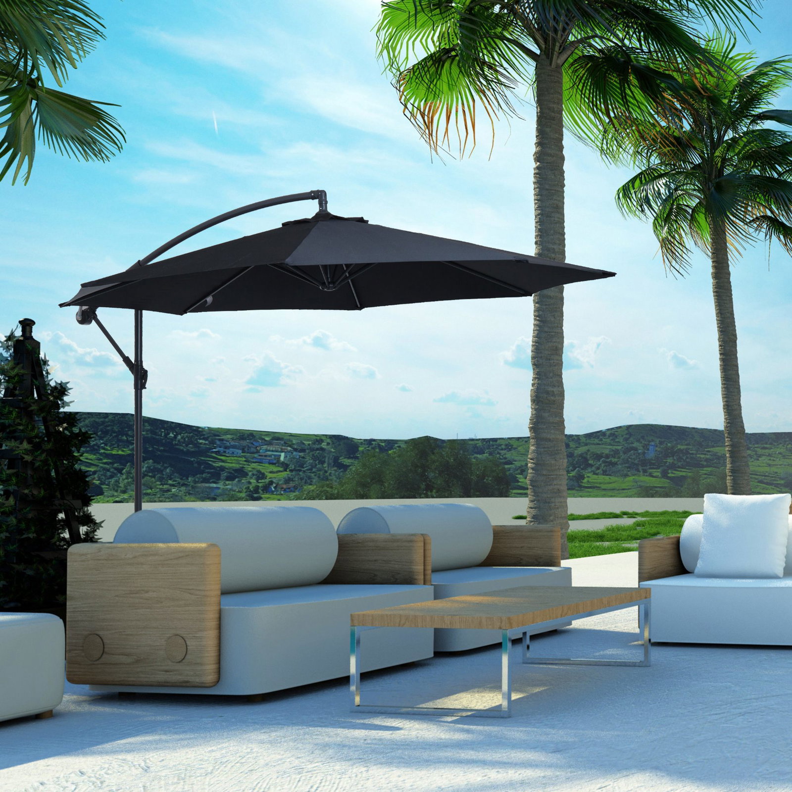 Chapéu de Sol de Jardim Ø300x260cm Chapéu de Sol Excêntrico Inclinável com Manivela Base Cruzada e Suporte de Metal 8 Hastes par
