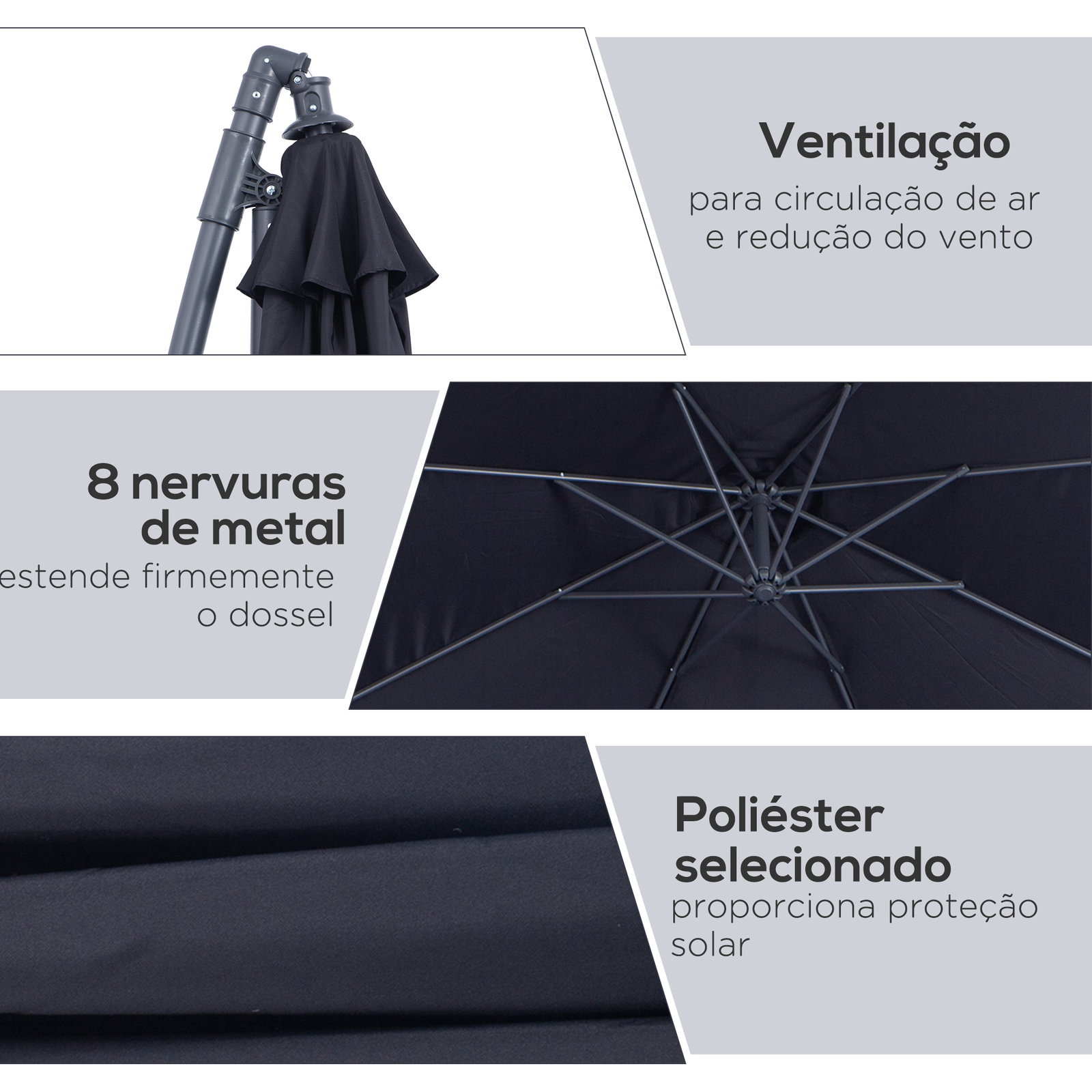 Chapéu de Sol de Jardim Ø300x260cm Chapéu de Sol Excêntrico Inclinável com Manivela Base Cruzada e Suporte de Metal 8 Hastes par