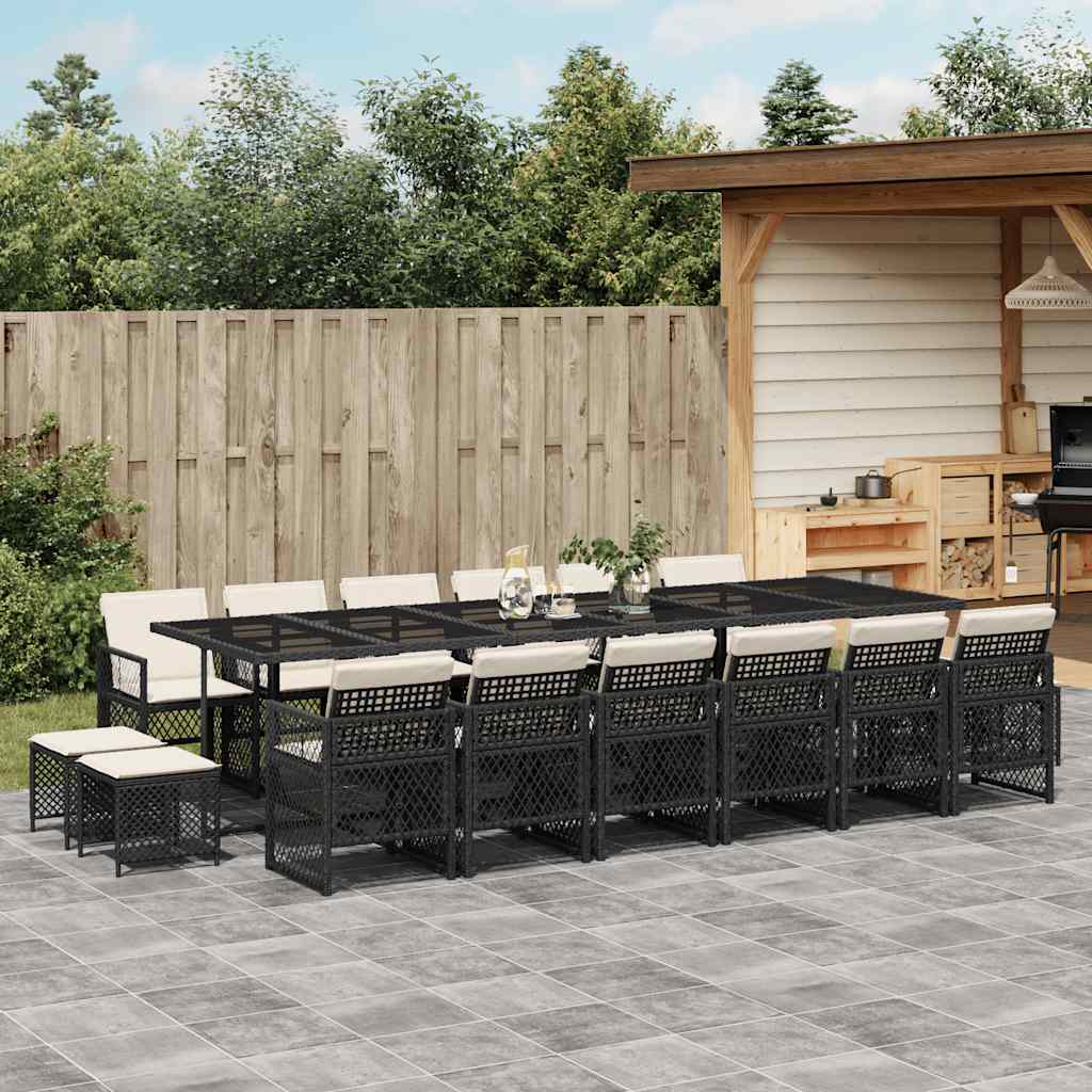 17 Pcs conjunto de jantar p/ jardim c/ almofadões vime PE preto