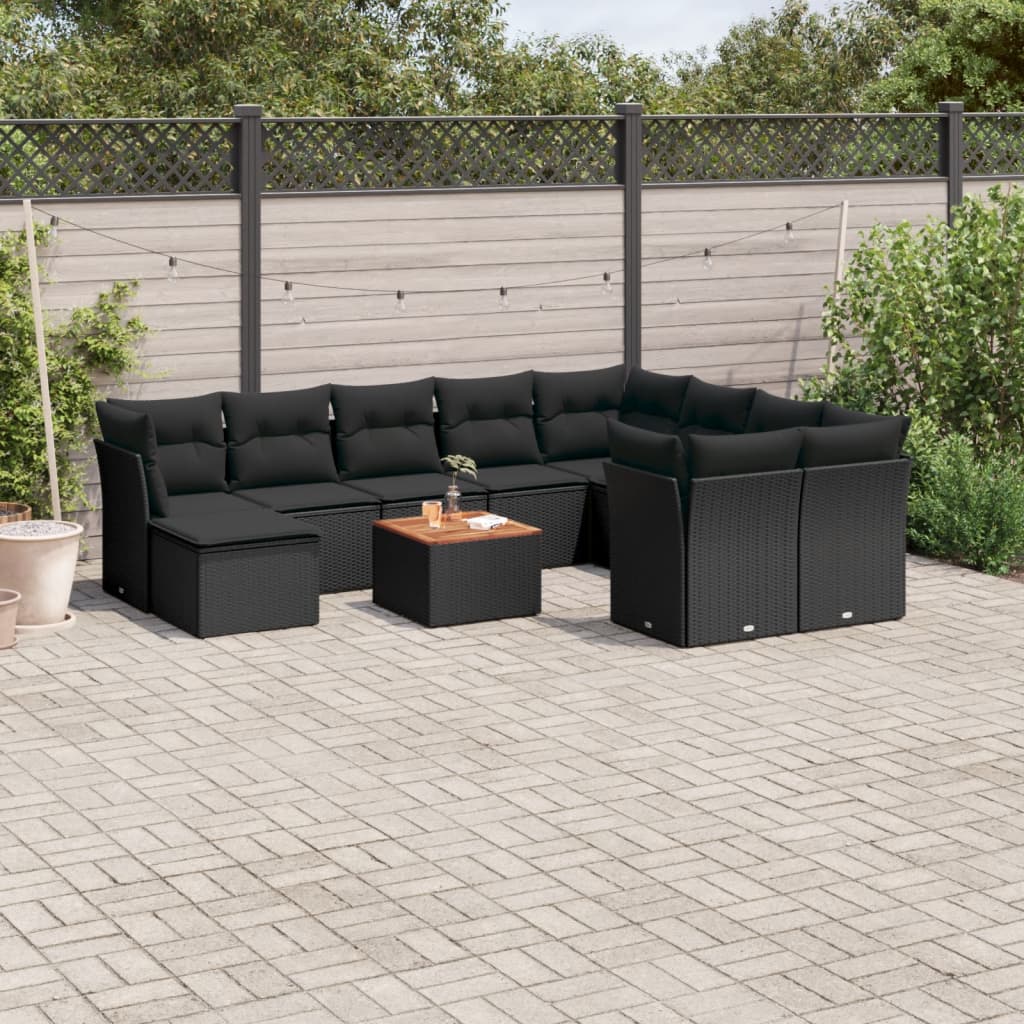 11 Pcs conjunto sofás de jardim c/ almofadões vime PE preto