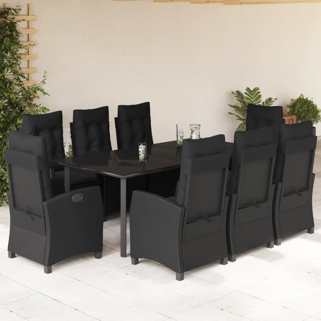 9 Pcs conjunto de jantar p/ jardim c/ almofadões vime PE preto