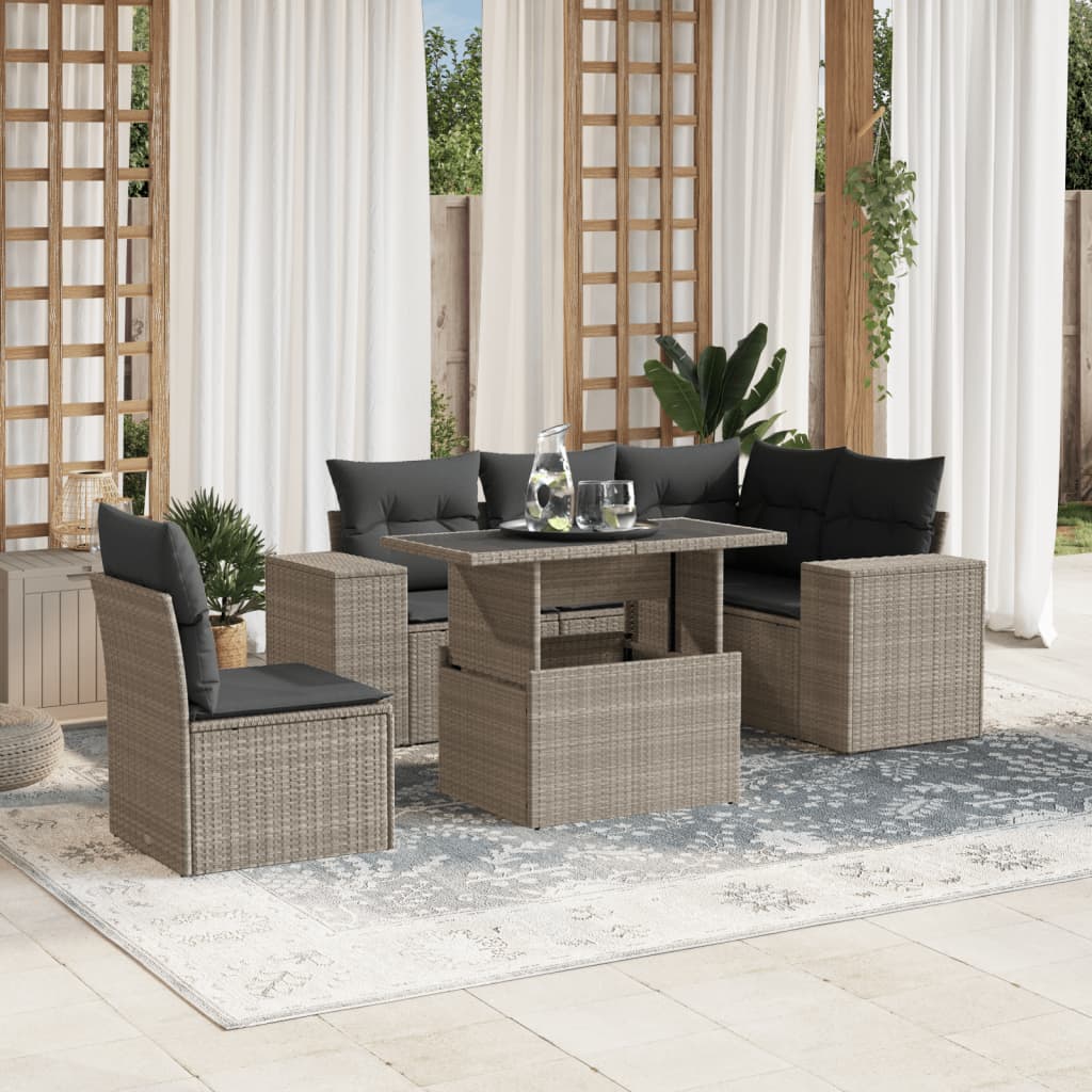 6 Pcs conj. sofás jardim com almofadões vime PE cinzento-claro