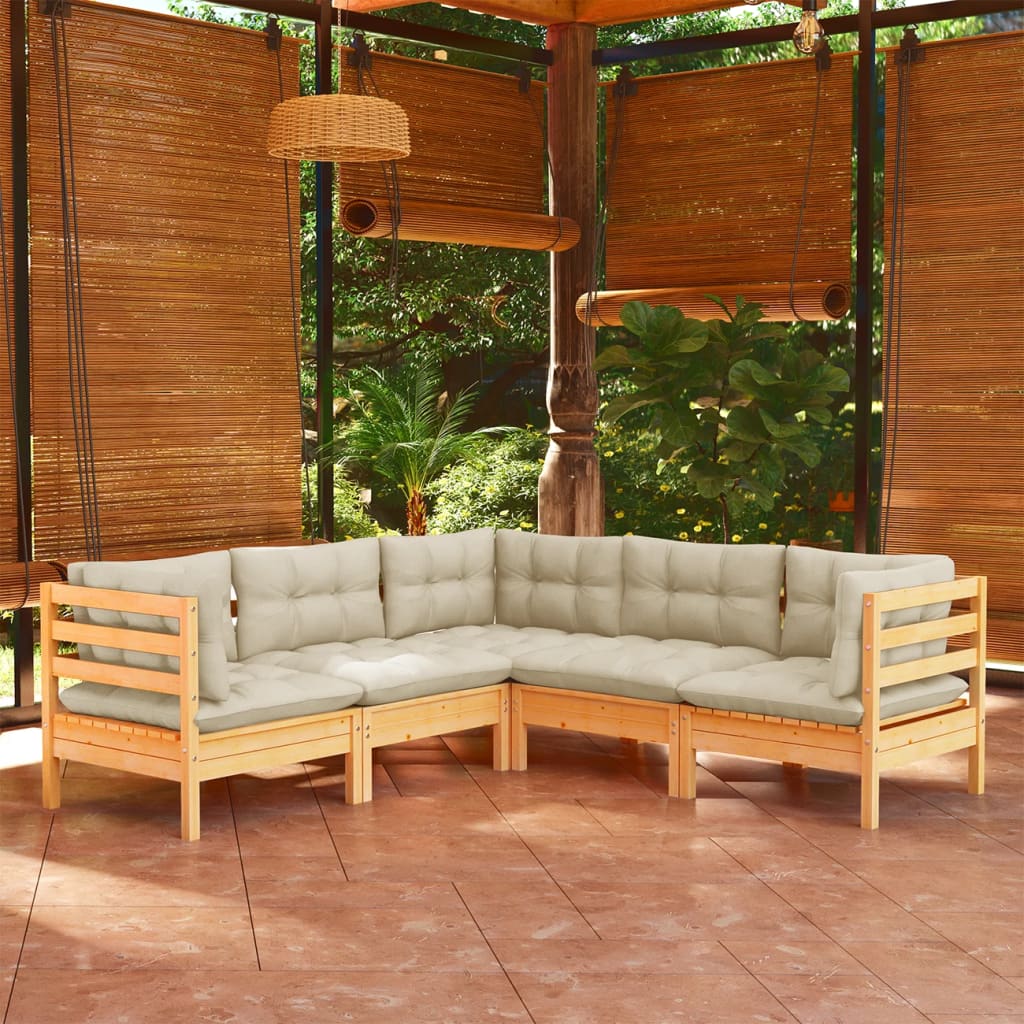 5 Pcs conjunto lounge jardim c/ almofadões creme pinho maciço