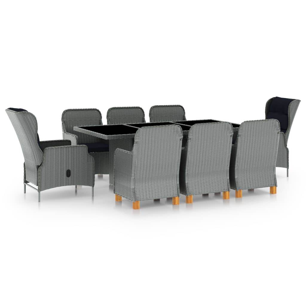 9 Pcs conj. jantar exterior + almofadões vime PE cinzento-claro