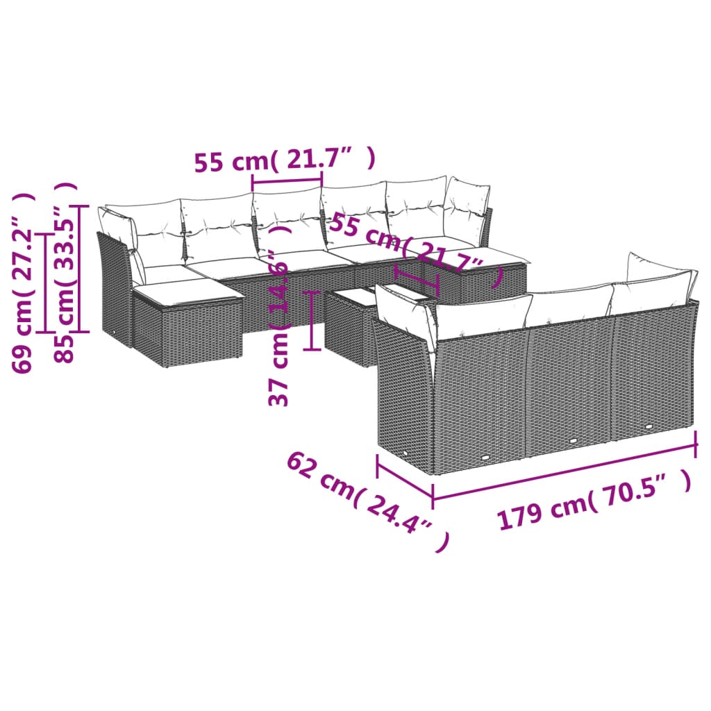 11 Pcs conjunto sofás de jardim c/ almofadões vime PE bege
