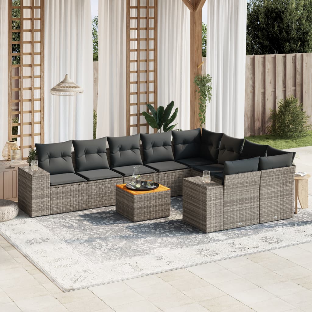 10 Pcs conjunto sofás de jardim c/ almofadões vime PE cinzento
