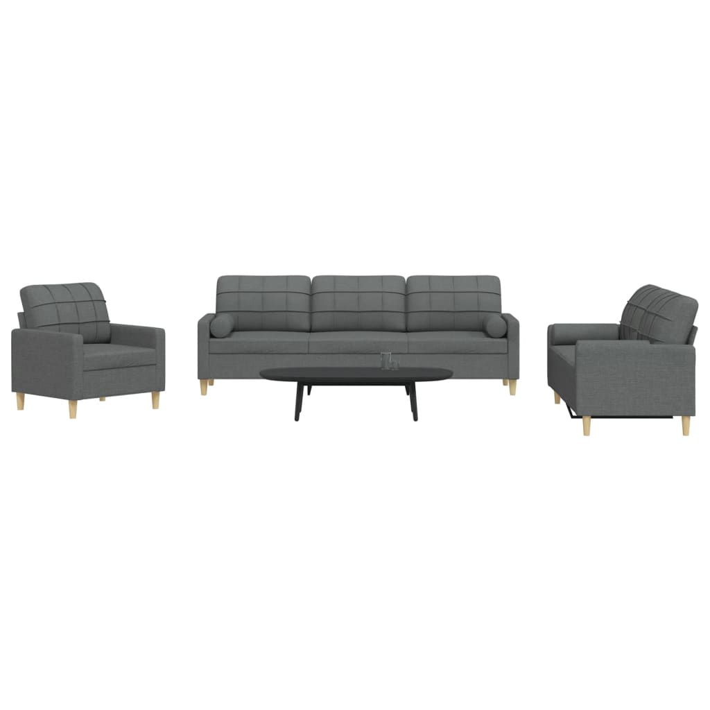 3 Pcs conjunto de sofás com almofadões tecido cinzento-escuro