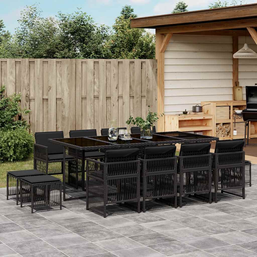 13 Pcs conjunto de jantar p/jardim com almofadões vime PE preto
