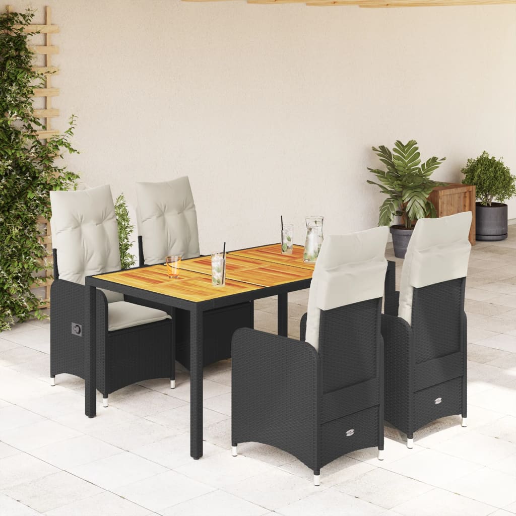 5 Pcs conjunto bistrô de jardim c/ almofadões vime PE preto