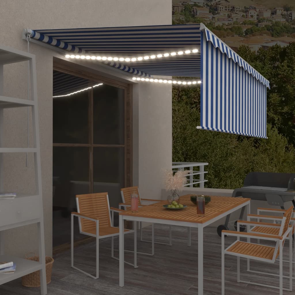 Toldo retrátil manual com estore/LED 4,5x3 m azul e branco