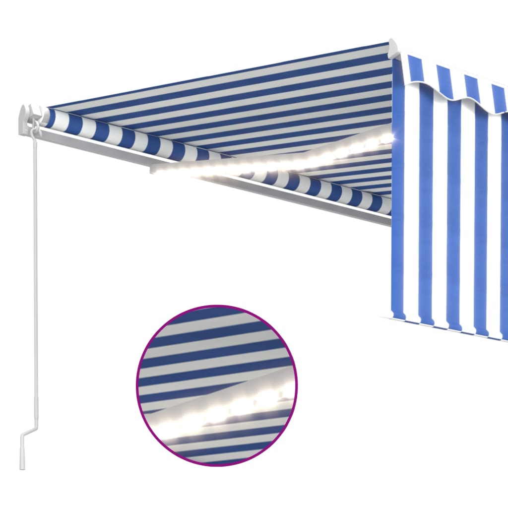 Toldo retrátil manual com estore/LED 4,5x3 m azul e branco