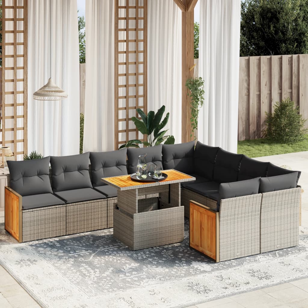 10 Pcs conjunto sofás de jardim c/ almofadões vime PE cinzento
