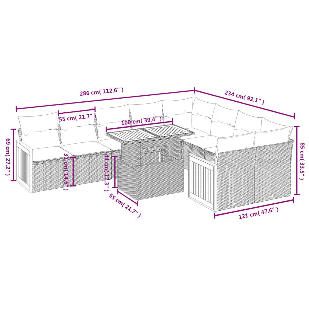 10 Pcs conjunto sofás de jardim c/ almofadões vime PE cinzento