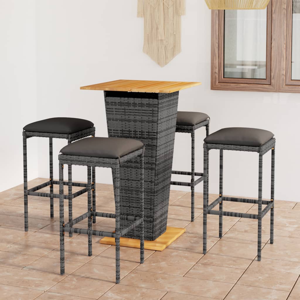 5 Pcs conjunto de bar p/ jardim c/ almofadões vime PE cinzento