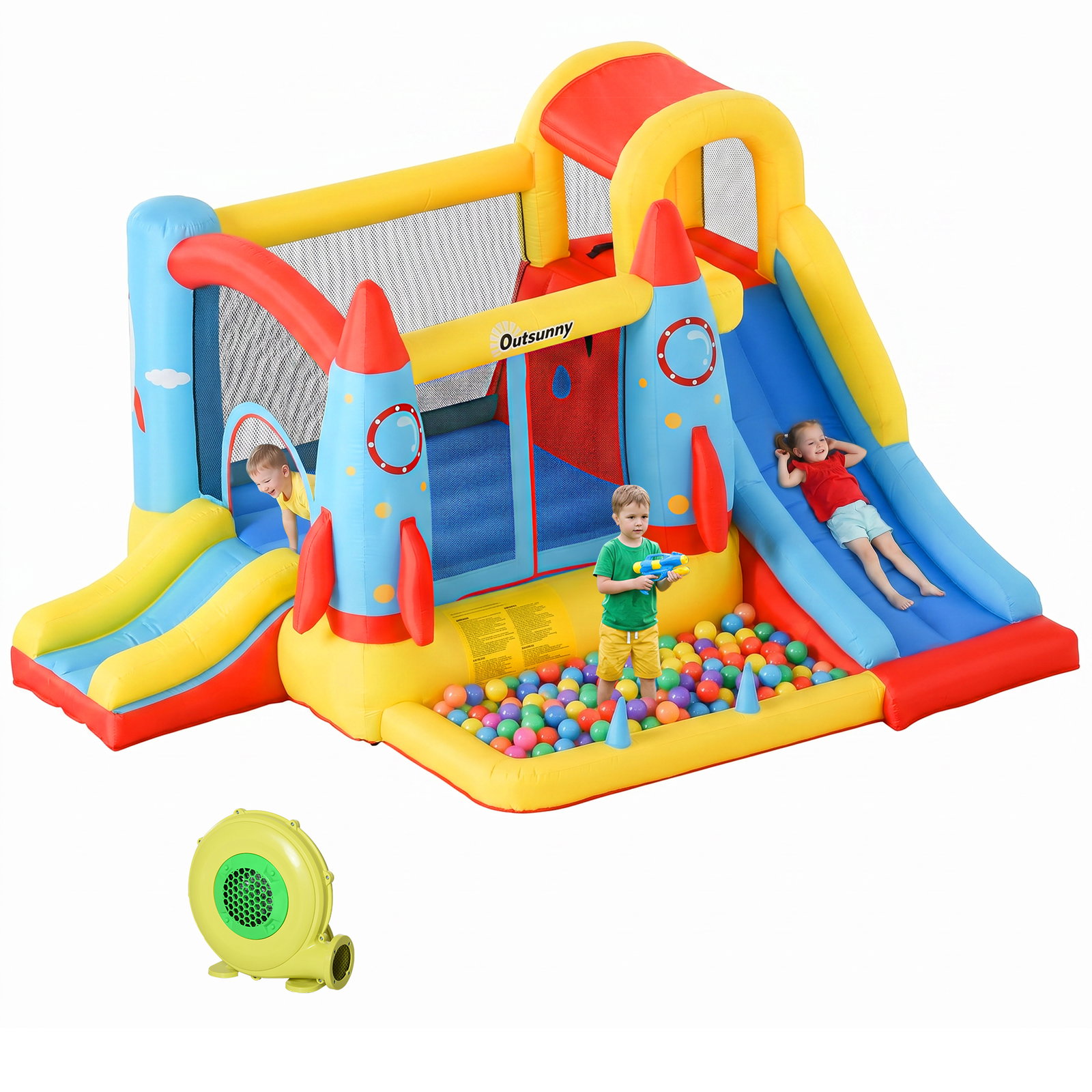 Castelo insuflável com 2 escorregas trampolim e piscina para crianças acima de 3 anos com inflador e bolsa de transporte para interior exterior 330x265x185cm multicor